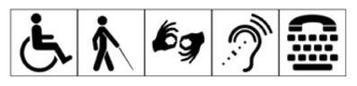 Accessibility icons: wheelchair, cane, sign language, hearing, TTY